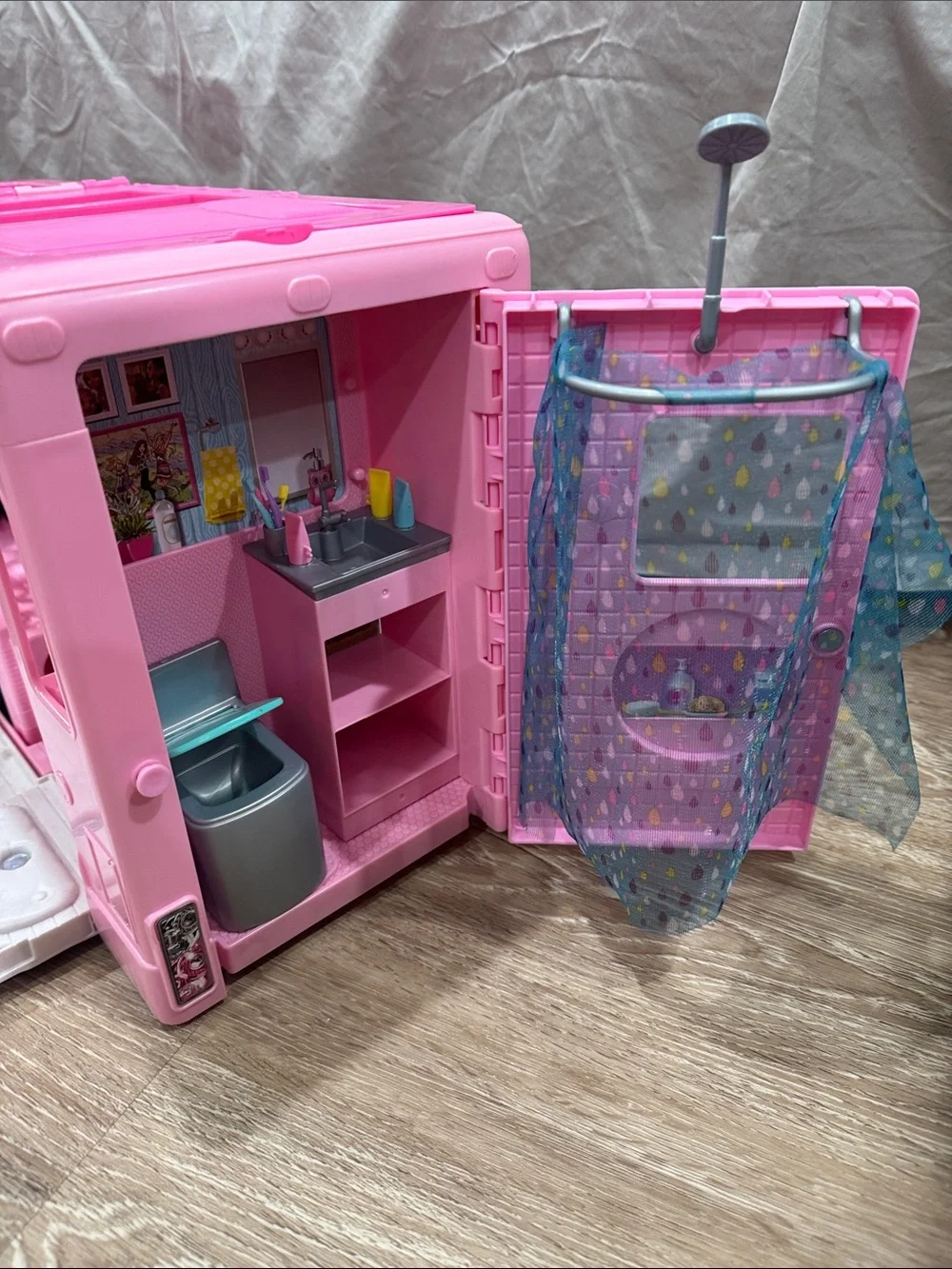 Barbie Pink Play Camper Van with Teal Tray and Plaid Mat